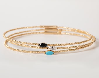 14K Solid Gold Diamond Cut Bead Bangle Bracelet, Marquise Cut Stone, Minimalist Stacking Bangle
