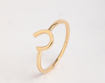 Minimalist Gold Horseshoe Ring, Lucky Charm Stackable Band, Solid 10K 14K 18K Gold Dainty Ring, Equestrian Jewelry Gift for Her