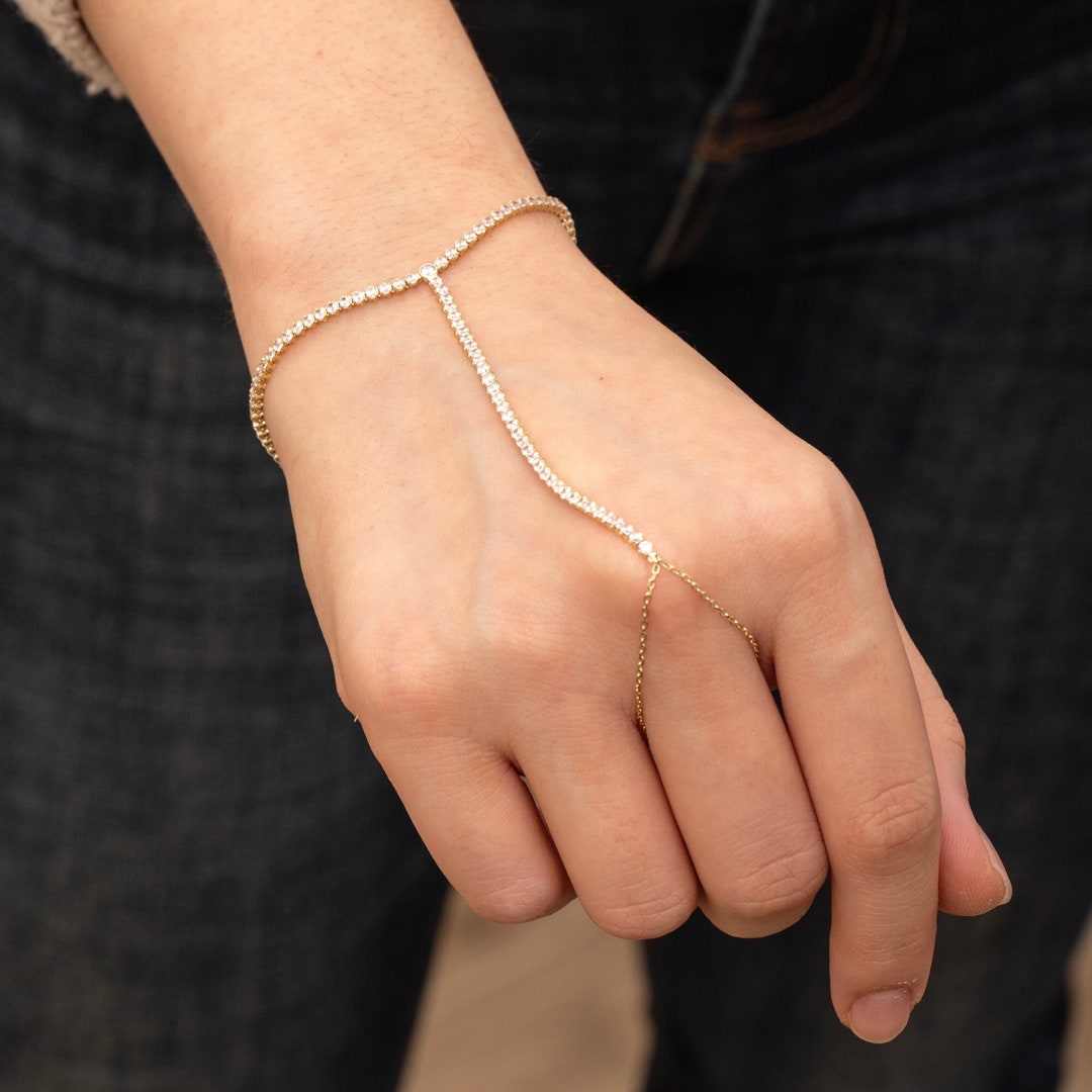 Handlet Chain 14K Solid Gold Tennis Handlet Bracelet, Cz Tennis Hand Bracelet Chain ...