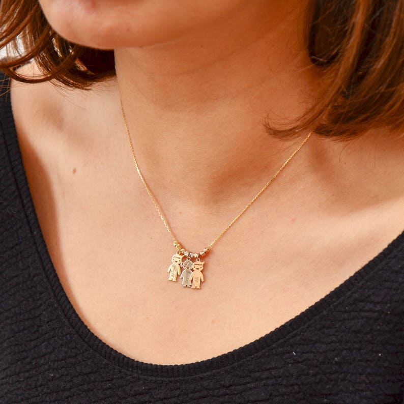 3 4 5 6 Kids 14k Solid Gold Charms Mother\u2019s Necklace Engraved Children Charms Boy Girl Gold Charm Necklace Personalized Family Charms.