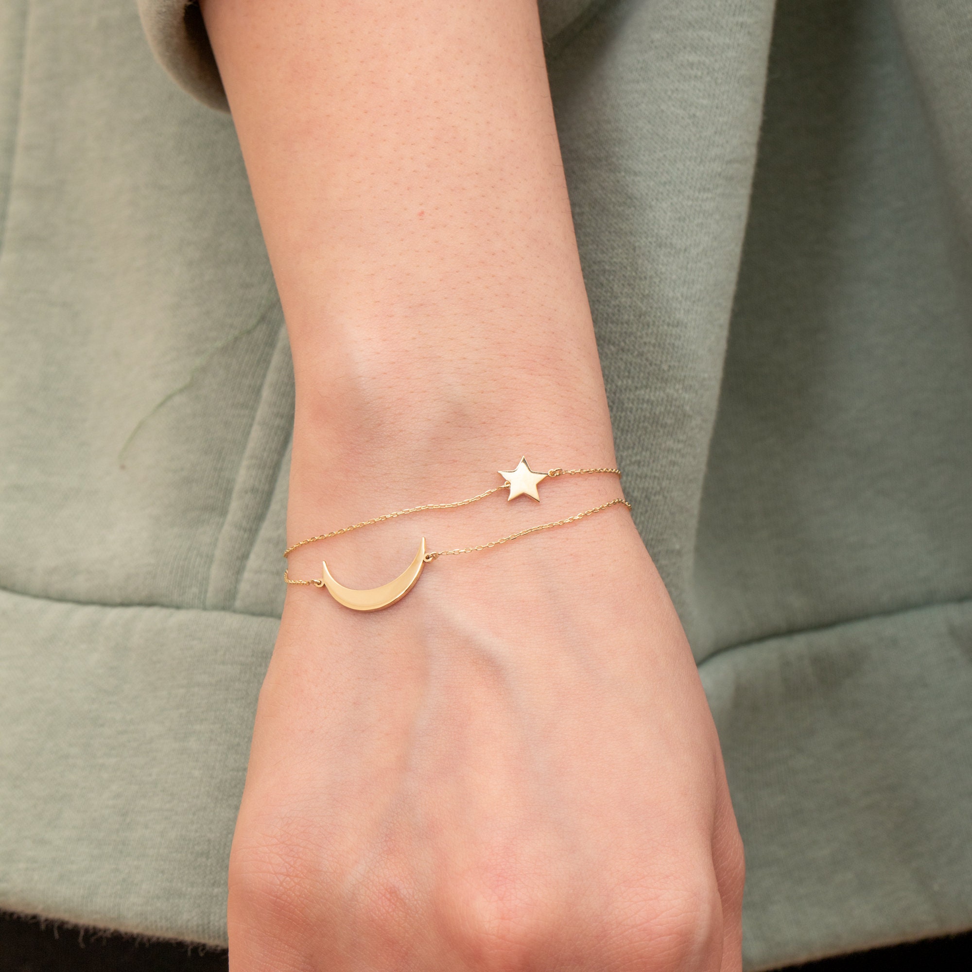 Elli Bracciale Per Donna In Argento 925 Placcato Oro Con Ciondoli A Mezzaluna, Stella E Filigrana, Pietra Di Luna