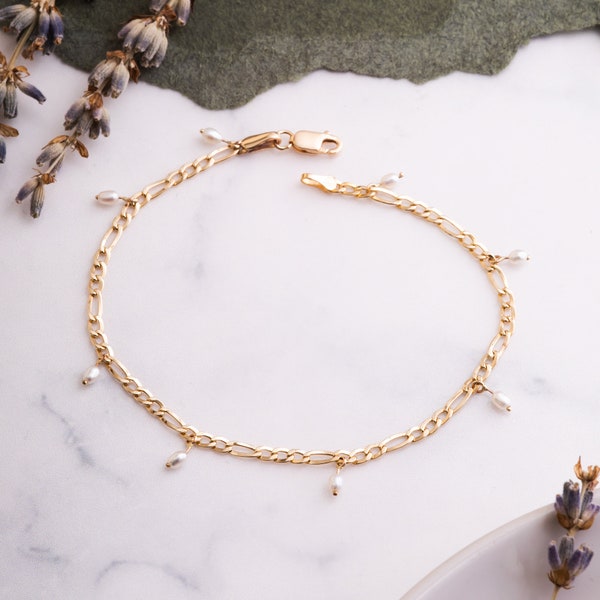 14k Solid Gold Figaro Chain Pearl Bracelet, Dainty Real Gold Figaro Chain, Bridesmaid Bracelet, Elegant Everyday Bracelet, Best Gift For Her