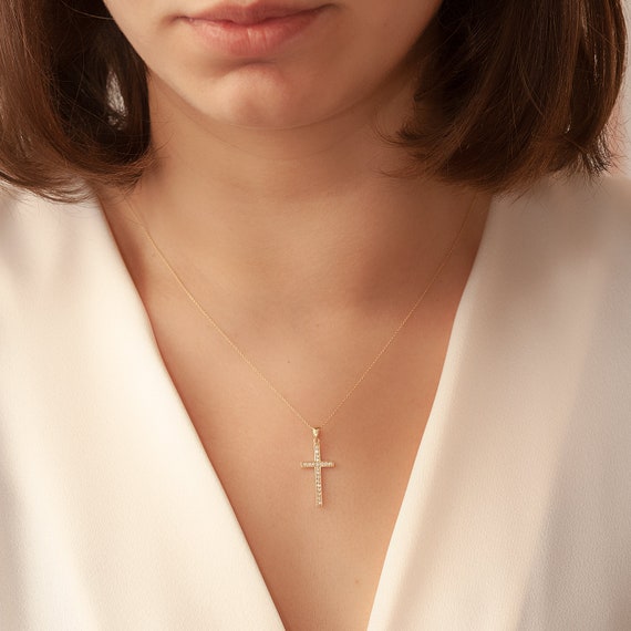 14K Gold Cross Necklace With Diamond or Cz Elegant 18k Gold Cross
