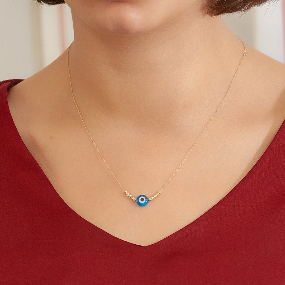 14k Solid Gold Evil Eye Necklace With Tiny Gold Balls. Dainty Etsy