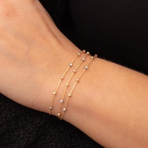 14k Solid Gold Multi-Strand Bracelet with Tri-Color Satellite Bead Balls, 1 to 3 Row Options, Dainty Layered Bracelet, Perfect Gift for Her
