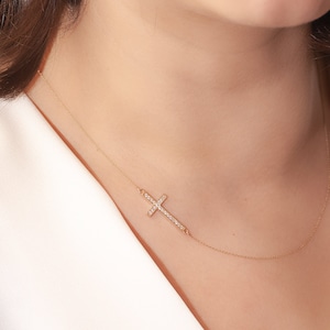 14K 18K Solid Gold Sideways Diamond or Cz Cross Necklace, Celebrity Dainty Cross Charm Necklace, Choker Cross Necklace is Mother&#39;s Day Gift