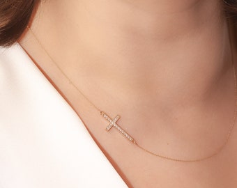 14K 18K Solid Gold Sideways Diamond or Cz Cross Necklace, Celebrity Dainty Cross Charm Necklace, Choker Cross Necklace is Mother's Day Gift