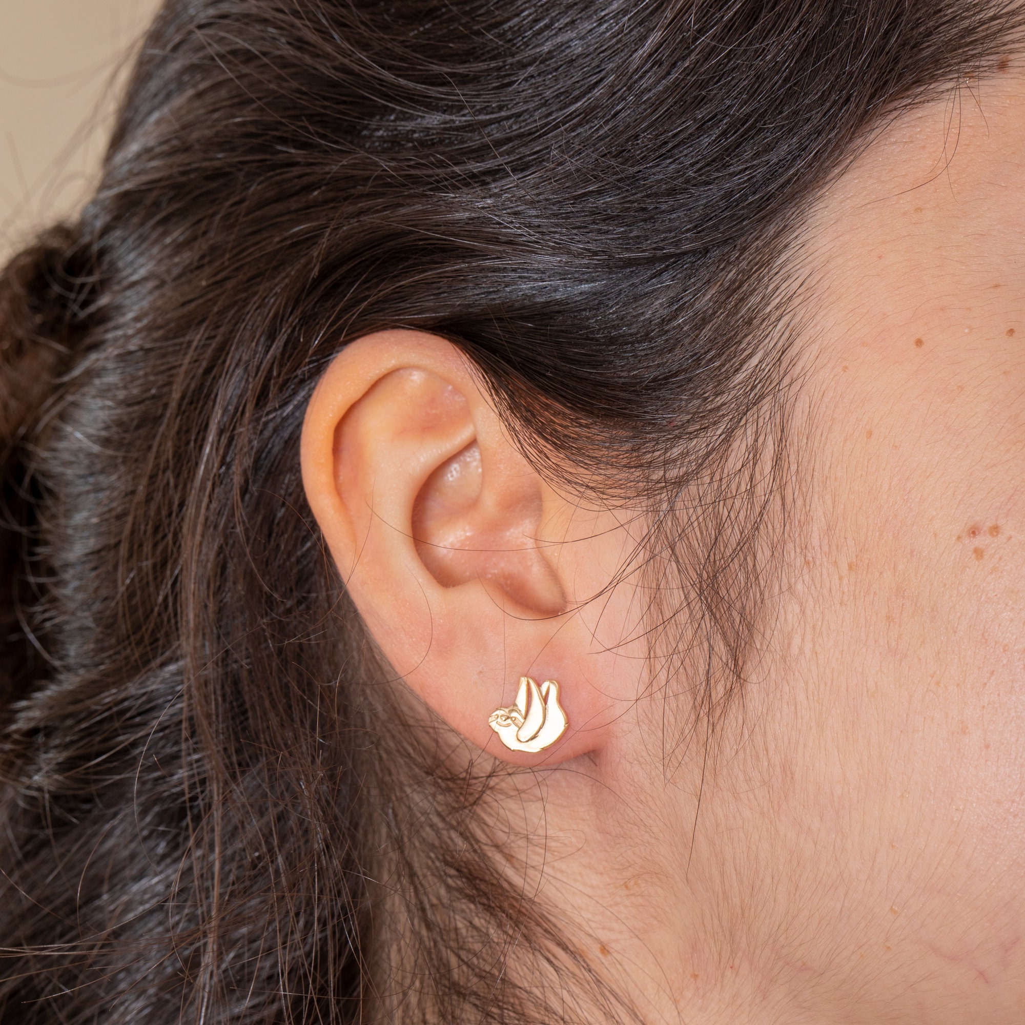 Sloth Back Earser Sloth Earrings 14k 18K Solid Gold, Dainty Hanging Sloth Gold Stud ...