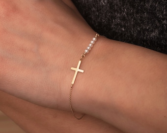 14K 18K Solid Gold Gemstone Sideways Cross Bracelet, Tiny Coral - Pearl - Lapis Lazuli Bracelet, Christening Jewelery, Dainty Baptism Gift