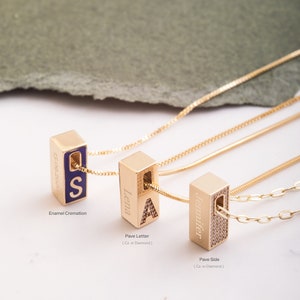 14K/18K Gold Cremation Urn Bar Pendant, Custom Name Engraved Diamond or CZ Pave, Custom Letter Minimalist Memorial Jewelry for Ashes
