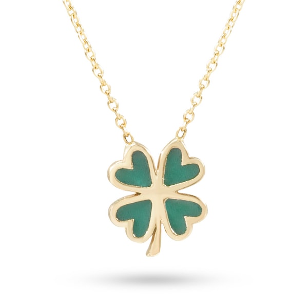 14K Solid Gold Enamel Minimal Clover Gold Necklace, Dainty Enamel Shamrock Gold 4 Leaf Clover Necklace is Gift For Her. Valentine’s gift.