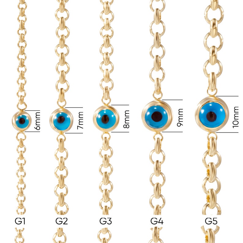 14k Gold Evil Eye Bracelet Evil Eye Rolo Chain Solid Gold Bracelet 1 2 3 4 5 Blue Eyes Real Gold Eye Station Bracelet