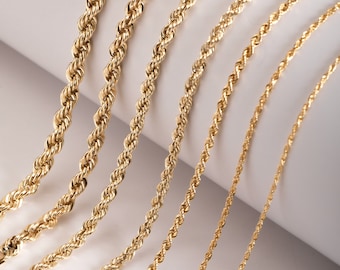 Collar de cadena de cuerda de oro genuino de 14K, cadena de cuerda hueca de oro amarillo, regalo de collar de cadena de cuerda torcida para hombres y mujeres para su regalo para él