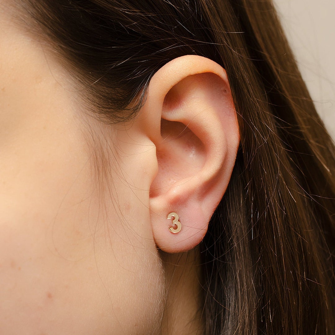 14K Solid Plain Gold Number Earrings, Diamond Numbers Stud Earring, Cz