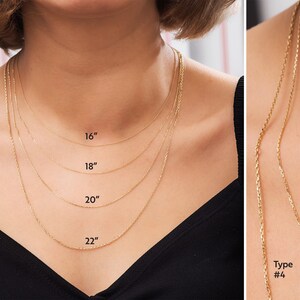 May include: Four gold chain necklaces in different lengths, 16 inches, 18 inches, 20 inches, and 22 inches, shown on a model wearing a black top. The chains are labeled with their type numbers.