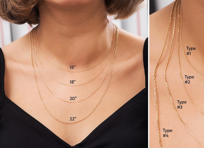 May include: Four gold chain necklaces in different lengths, 16 inches, 18 inches, 20 inches, and 22 inches, shown on a model wearing a black top. The chains are labeled with their type numbers.
