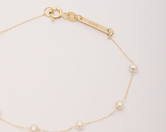 2.8mm-3.2 mm Real Freshwater White Pearl Bracelet, 14k 18k Solid Gold Dainty Pearl Station Bracelet,  Pearl Beaded Bracelet Bridesmaid Gift
