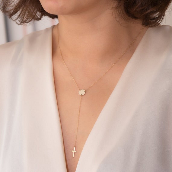 Disk and Cross Drop Necklace Lariat Style 14k White Gold Adjustable Length Disk and Cross Drop Necklace Lariat Style 14k White Gold Adjustable Length