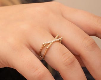 Real Gold Criss Cross Ring with Cubic Zirconia, X Design Diamond Ring