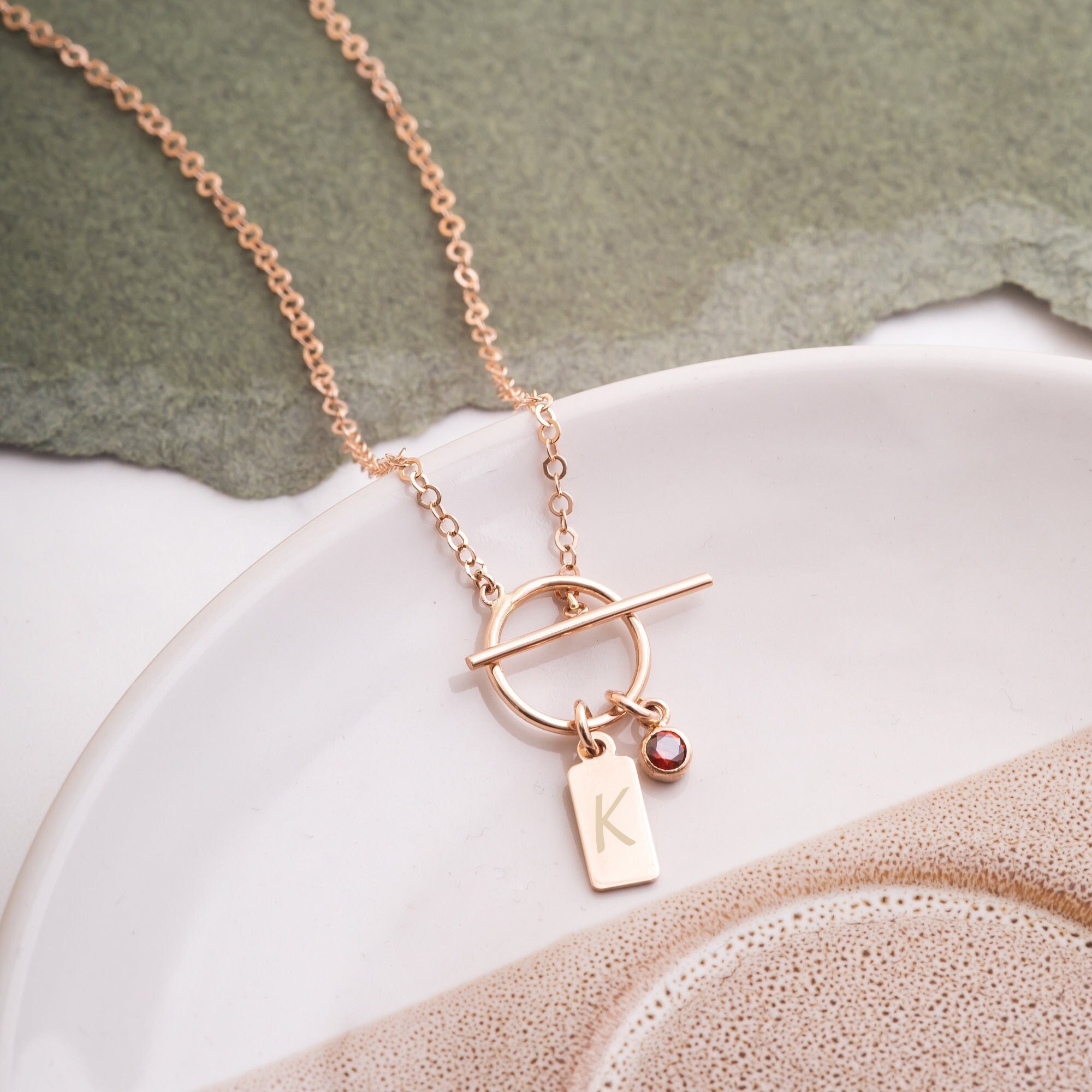 14K Solid Gold Birthstone & Initial Necklace, Custom Engrave