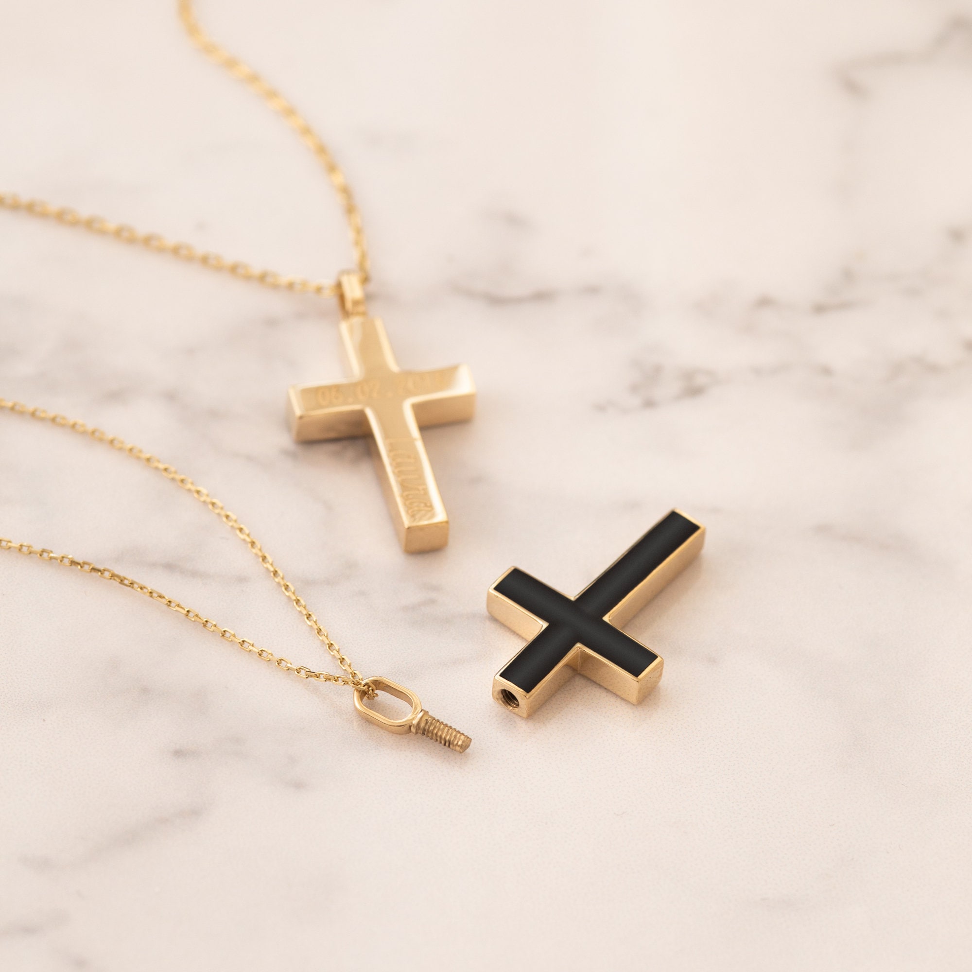 Men s 14K 18K Gold Custom Cross Cremation Urn Bar Necklace Two