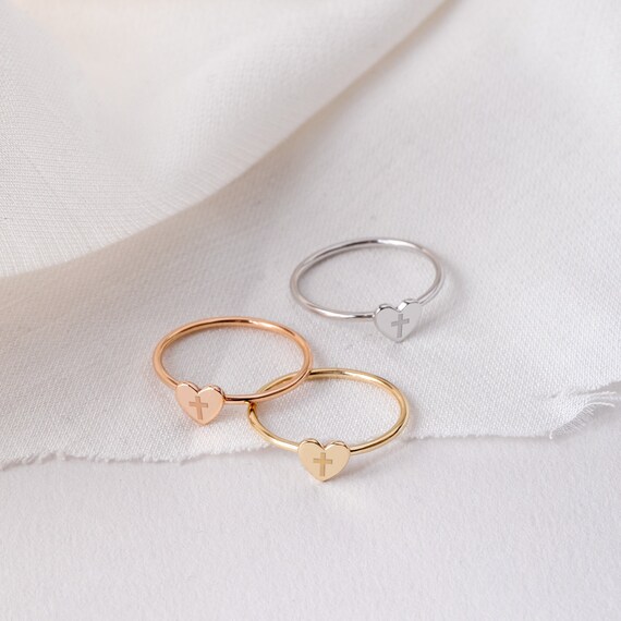 Tiny Cross Heart Ring in 14K or 18K Solid Gold Dainty Christian