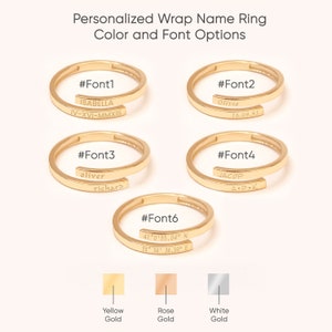 Personalized wrap ring design chart showing font variations and metal choices for engraved name bands.