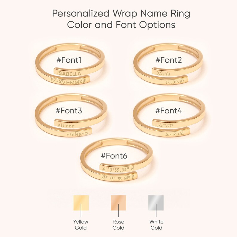 Personalized wrap ring design chart showing font variations and metal choices for engraved name bands.