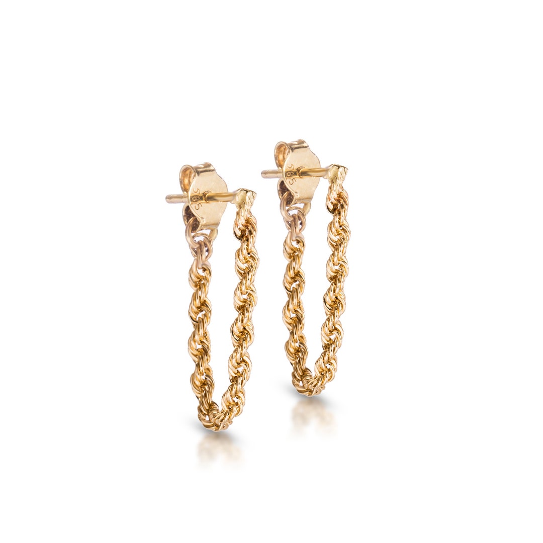 Twisted Rope Chain Earrings, 14K Solid Gold Stud Dangle Rope Earrings