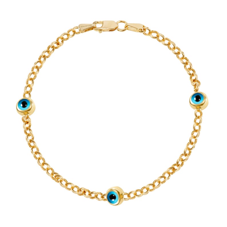 14k Gold Evil Eye Bracelet Evil Eye Rolo Chain Solid Gold Bracelet 1 2 3 4 5 Blue Eyes Real Gold Eye Station Bracelet