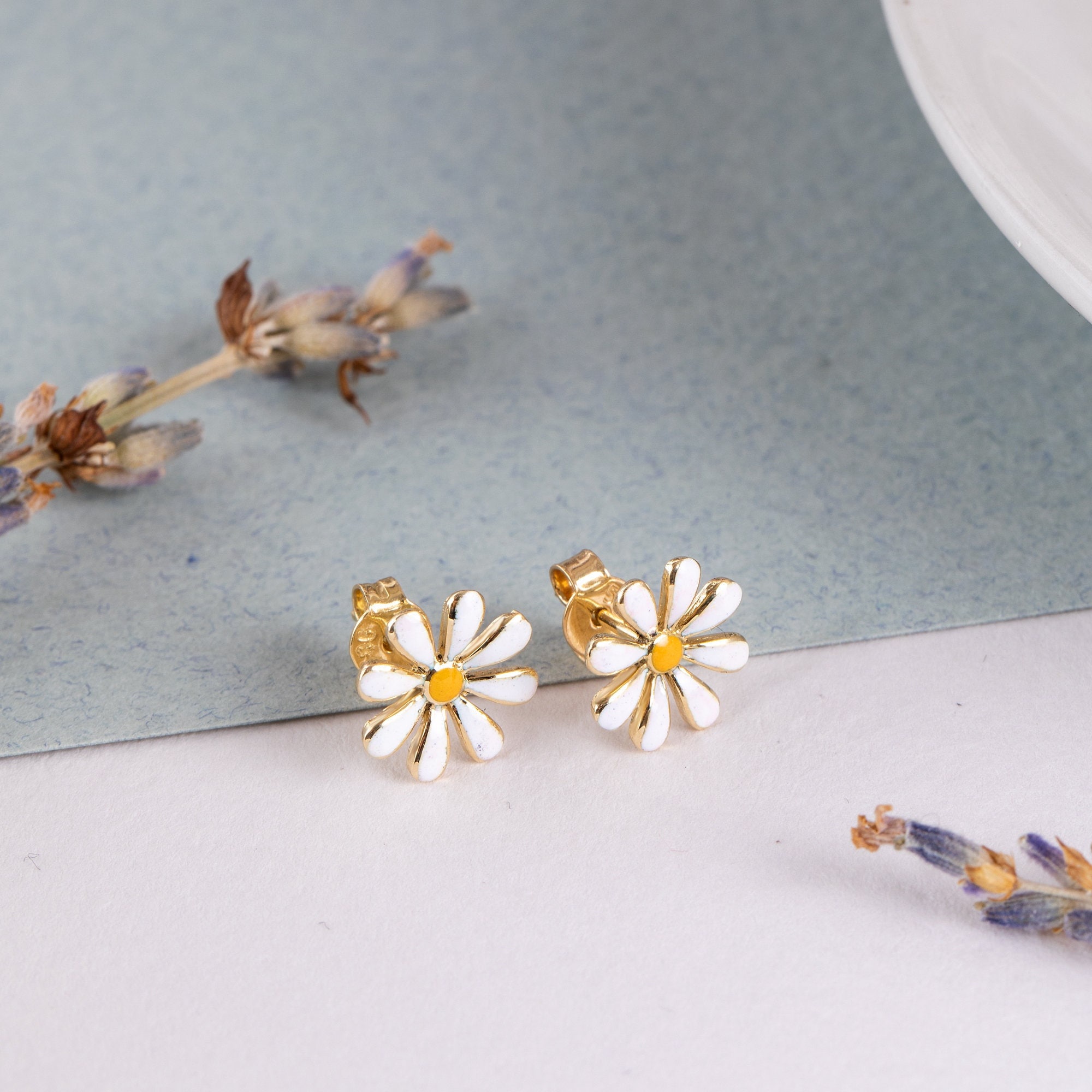 14K Solid Gold Daisy Flower Earrings, Dainty White Daisy