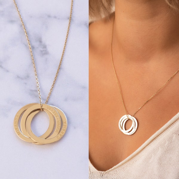 14K 18K Triple Ring Necklace, Customized Interlocking Ring Necklace, Personalized Circle Name Necklace, Multiple Linked Circle Necklace