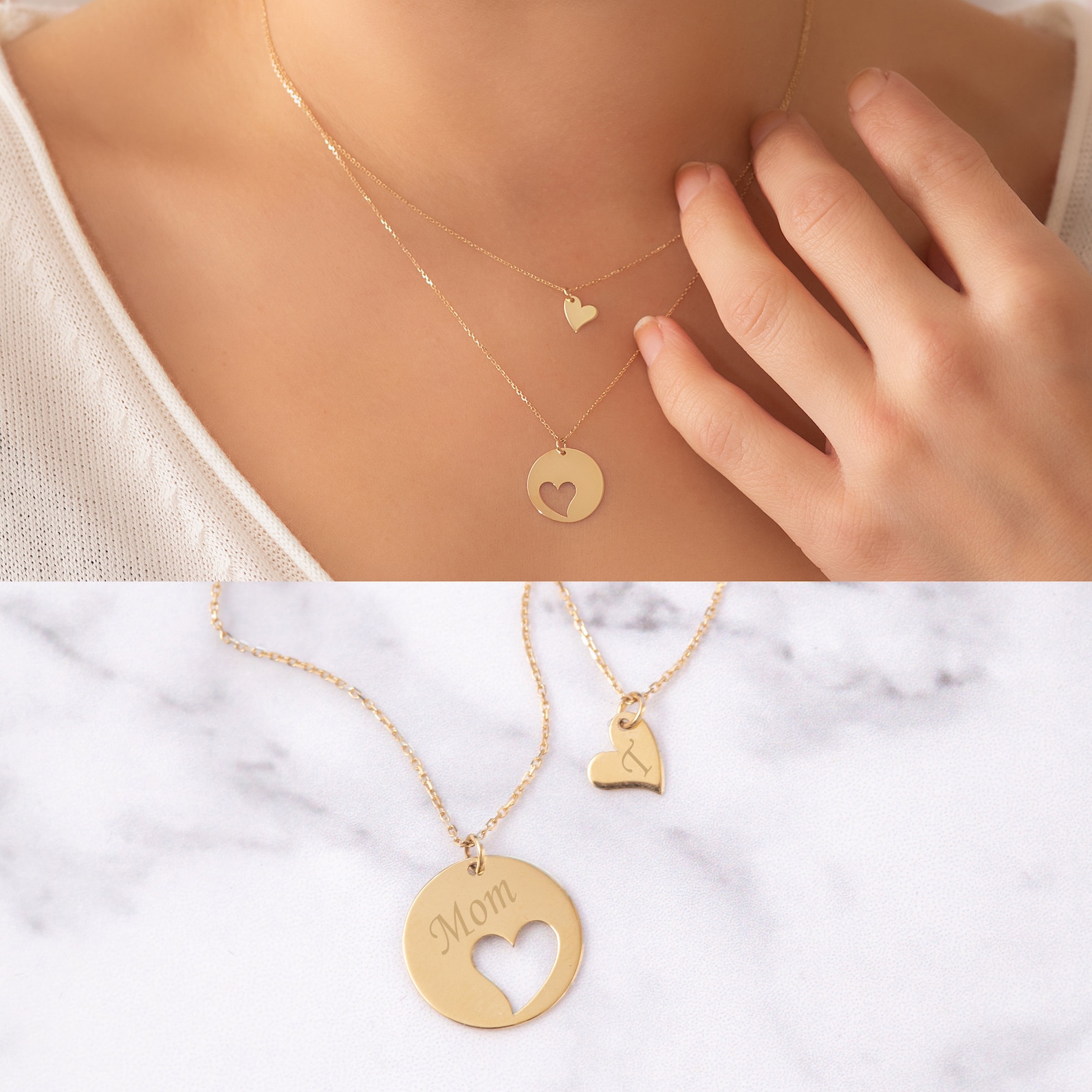 14k Solid Gold Mother Daughter Necklace Set Custom Engrave Etsy