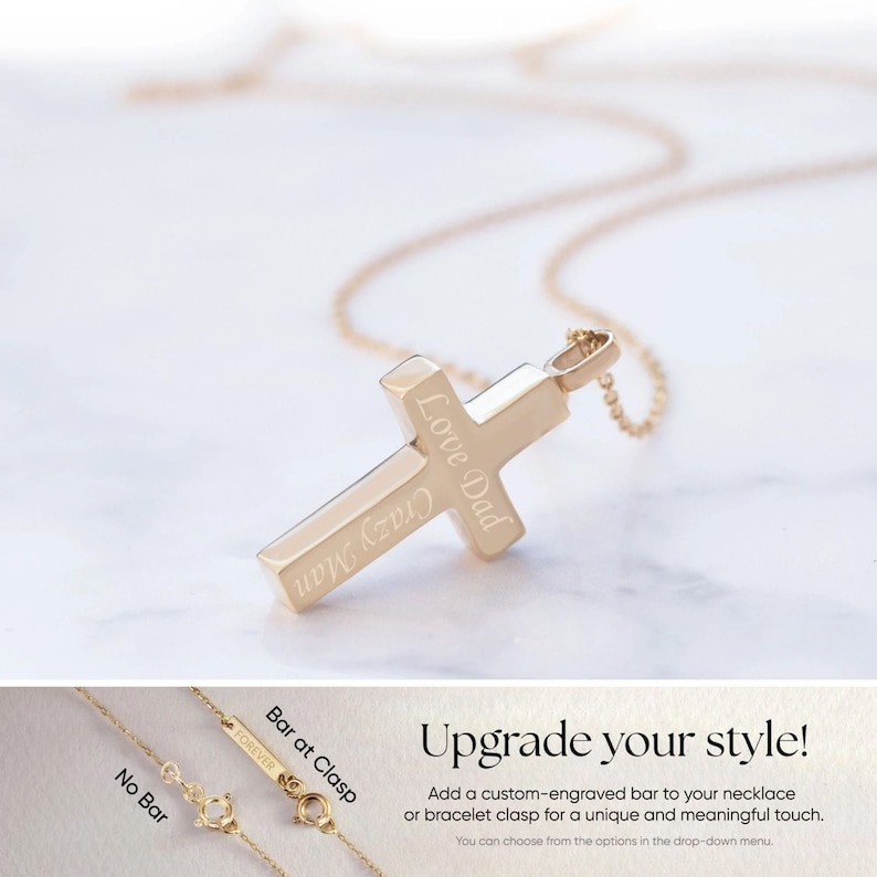 May include: Gold cross necklace with a personalized inscription that reads "Love Dad Crazy Man". The necklace is shown with a bar at the clasp option.