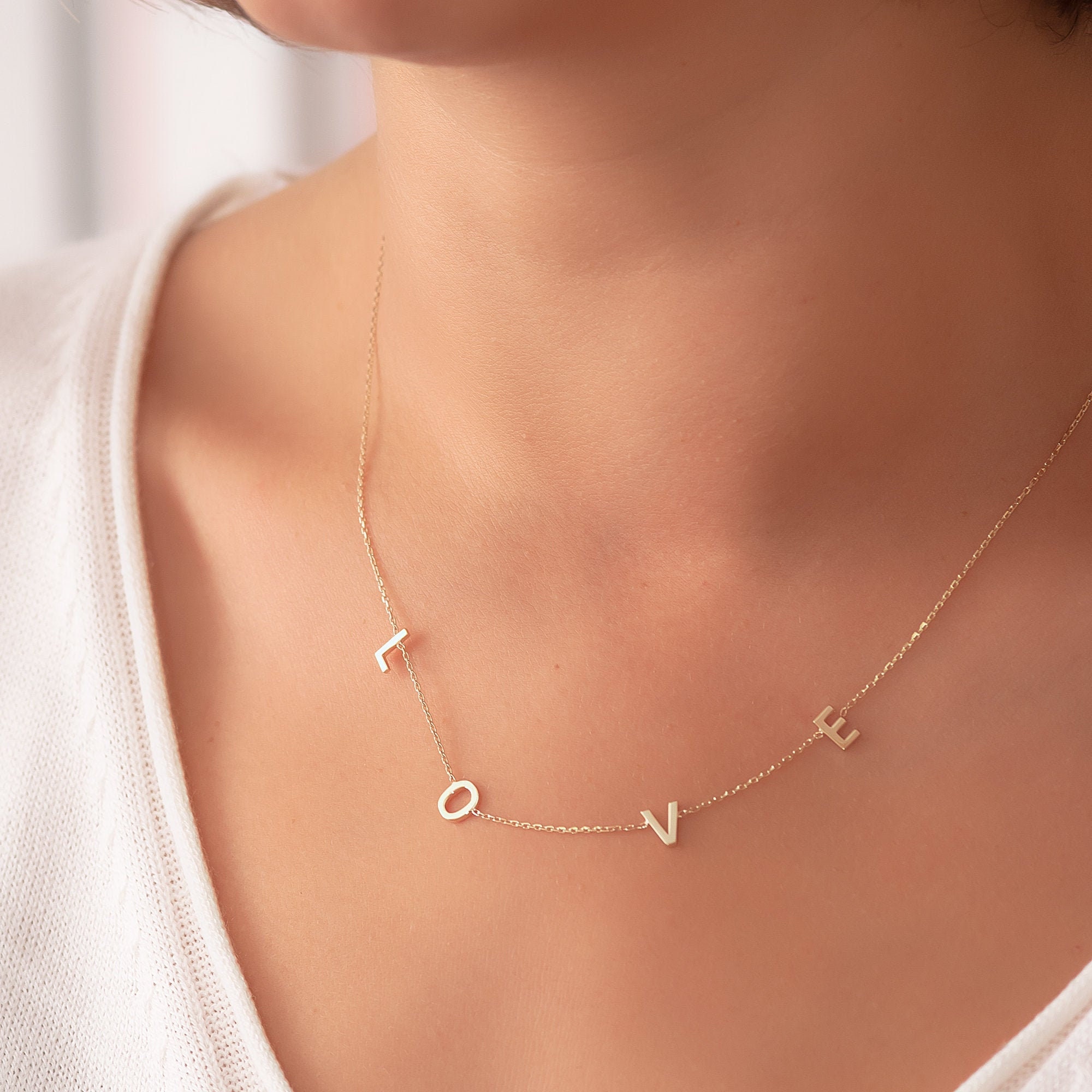 14K 18K Solid Gold Love Letter Necklace 