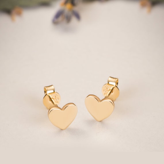 14K 18K Real Gold Heart Tiny Stud Earrings, Dainty Heart