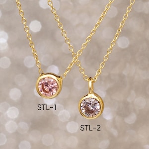 14k 18k Solid Gold Birthstone Bezel Necklace, Dainty Solitaire  Birthstone Gold Necklace, Delicate CZ Birthstone Gold Necklace gift for Her.