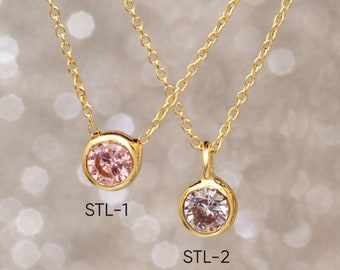 Collar con bisel de piedra de nacimiento en oro macizo de 14 k y 18 k, delicado collar de oro con piedra de nacimiento en solitario, delicado collar de oro con piedra de nacimiento CZ, regalo para ella.