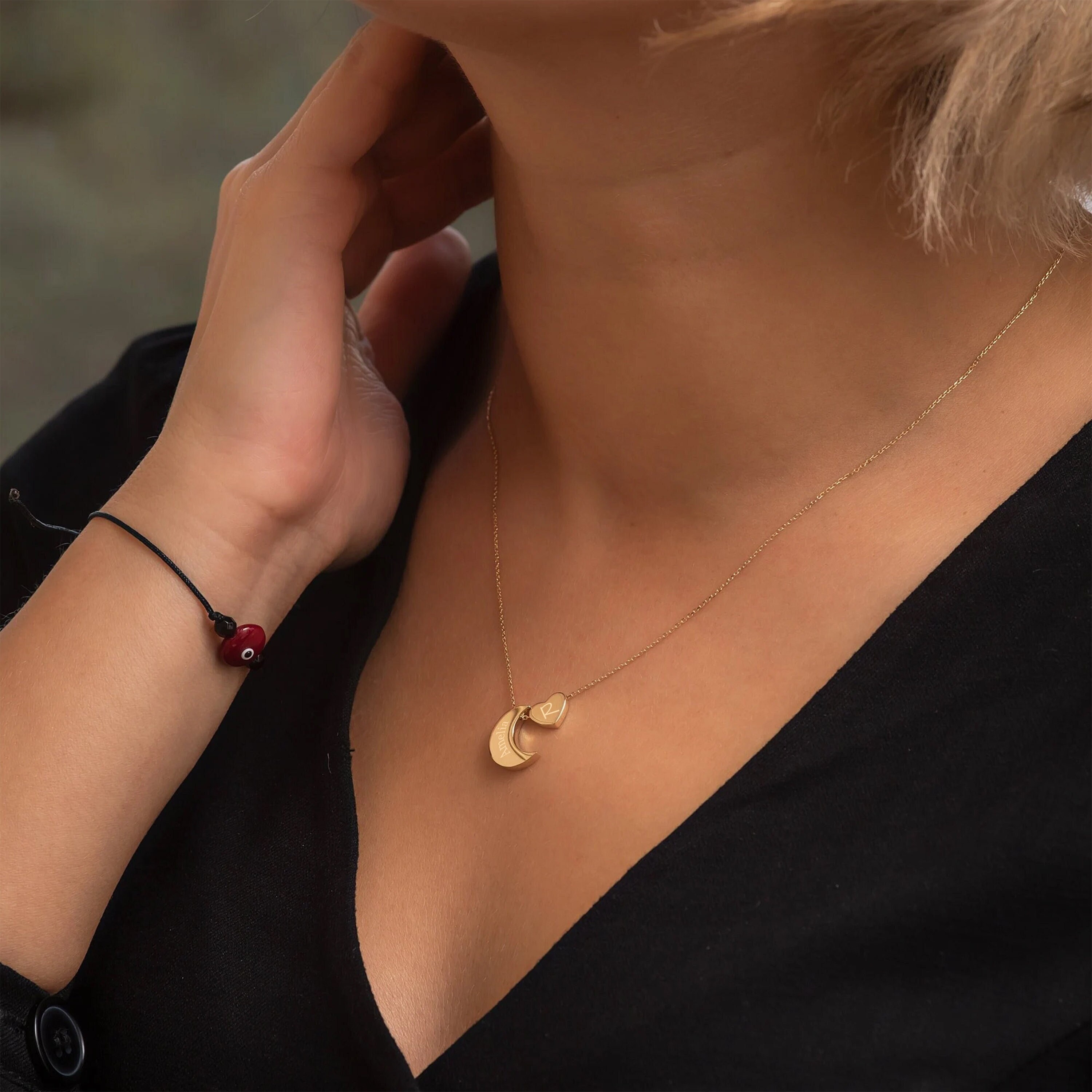 14K 18K Solid Gold I Love You To The Moon and Back Necklace, Crescent Moon & Heart Charm Necklace, Real Gold Choker Moon Heart Necklace Gift