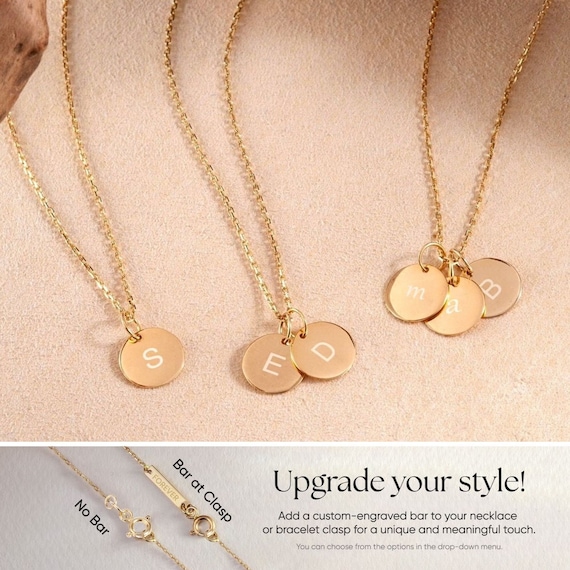 14K Solid Gold Minimal Initial Disk Necklace Personalized Dainty
