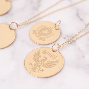 14K Gold Custom Family Crest Necklace - Engraved Coat of Arms Pendant Necklace, Personalized Heritage Jewelry, Perfect Heirloom Gift