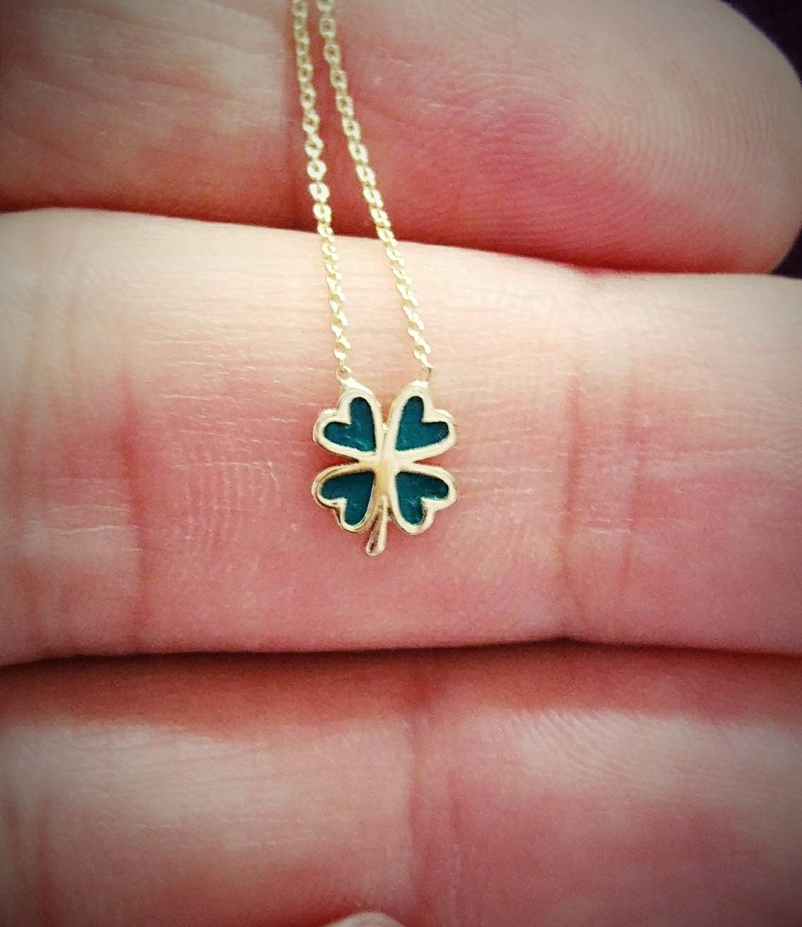 14K Solid Gold Enamel Minimal Clover Gold Necklace Dainty Etsy