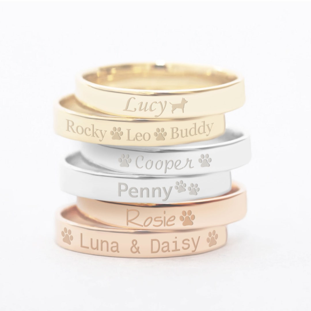 Custom Pet Name Ring Paw Print Ring 14K 18K SOLID Gold, Personalized Tiny Cat Dog Paw Print Ring