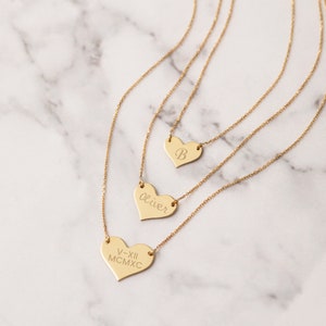 14K Solid Gold 2 Side Custom Engrave Heart Necklace, Personalized Minimal Heart Necklace, 14k Real Gold Engravable Heart Necklace Gift For