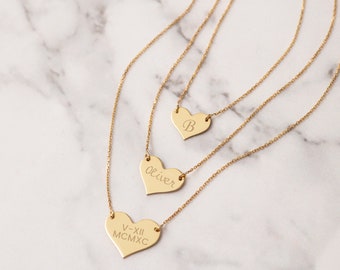 14K Solid Gold 2 Side Custom Engrave Heart Necklace, Personalized Minimal Heart Necklace, 14k Real Gold Engravable Heart Necklace Gift For