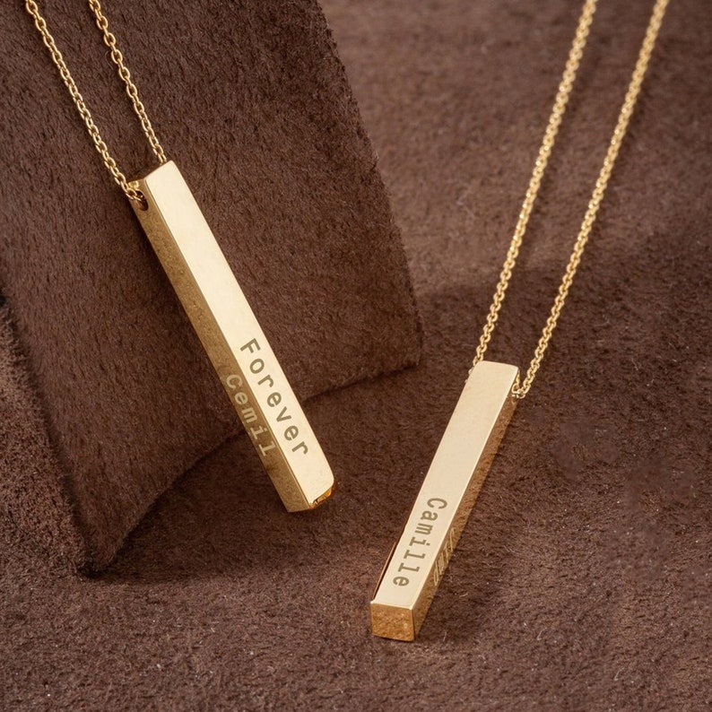 14k Solid Gold Personalized Vertical Bar Necklace Four Sided Name 3d Engrave Date