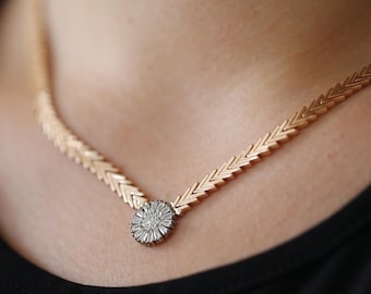 14K Solid Gold Round Sunburst Medallion Necklace, Chevron V-Link Herringbone Chain