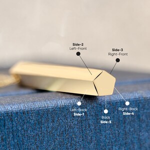 May include: A gold-colored, geometric pendant with five sides. The pendant is shown on a blue background with labels indicating the different sides.