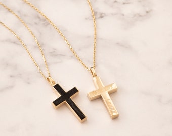 14K 18K Gold Custom Cross Cremation Urn Bar Necklace For Women Or Men, 2 Side Memorial Enamel Cross Necklace , Engrave Name Funeral Necklace