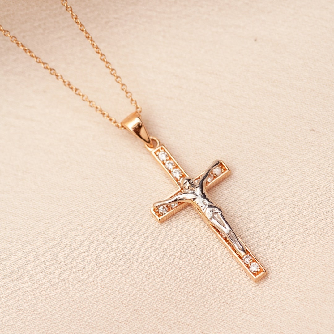 14K 18K Solid Gold Crucifix Cross Necklace, Elegant Real Solid